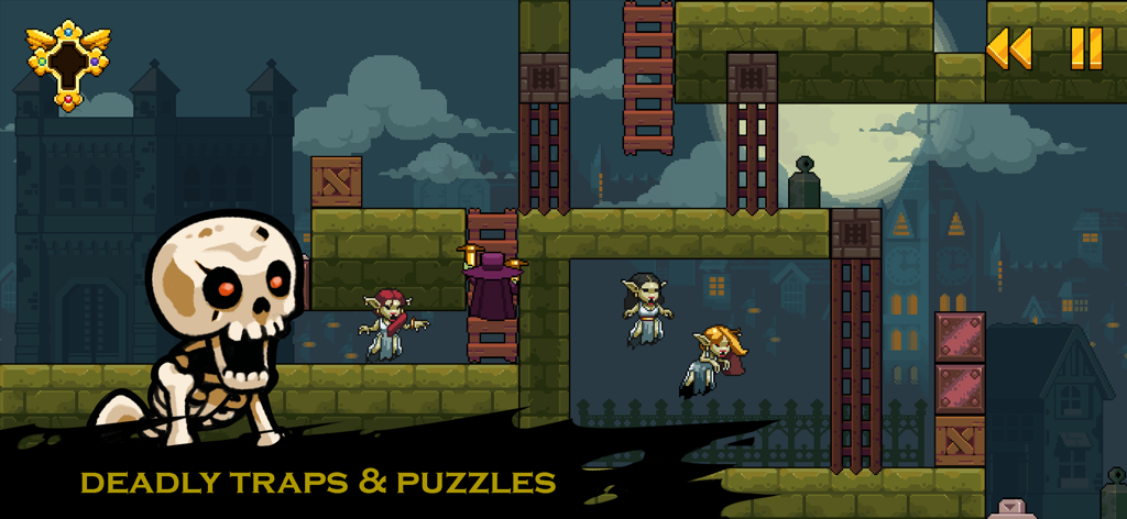 Pixel art gameplay screenshot from Turn Undead 2 featuring a gothic level with monsters and puzzles.