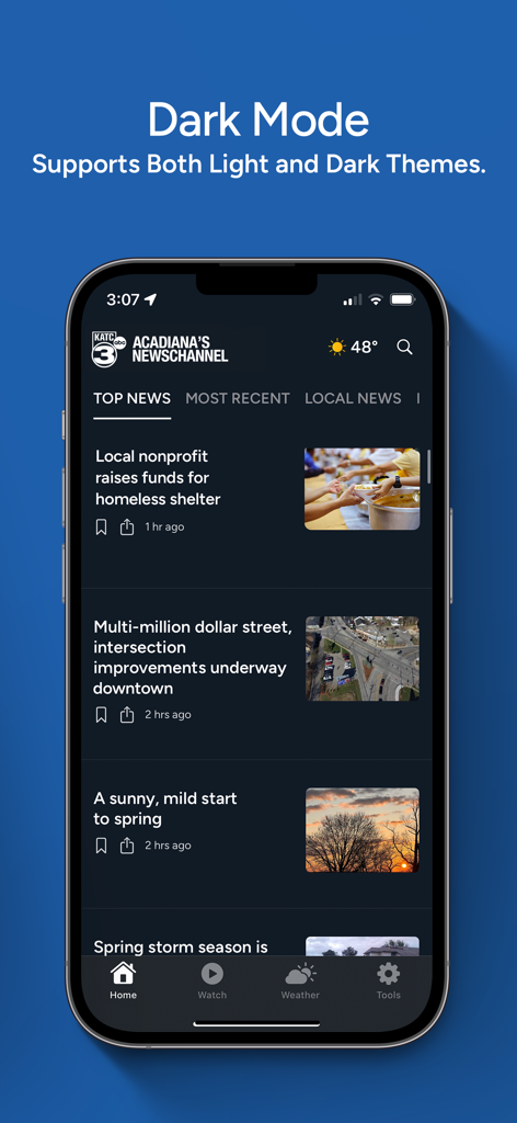 KATC News app interface in dark mode showing local Acadiana news stories and weather updates on an iPhone