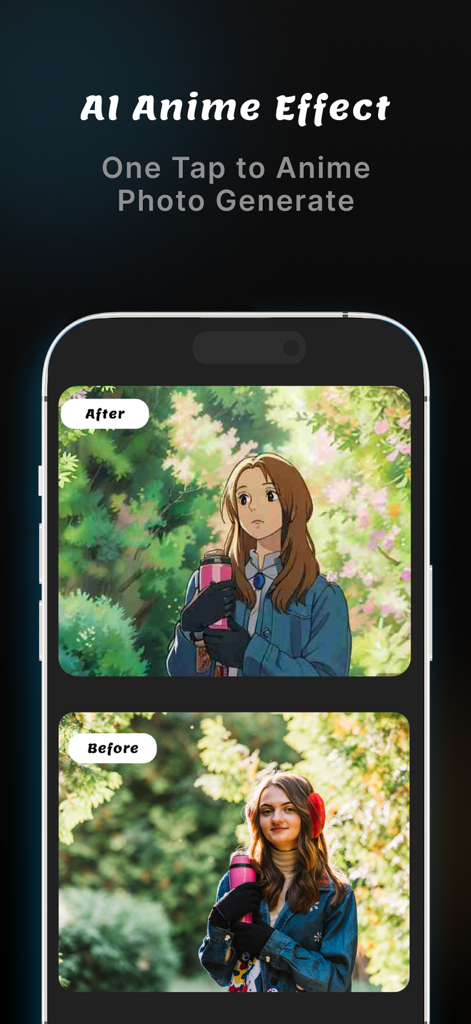 Before and after comparison of a photo transformed into anime art using the AI Anime Effect