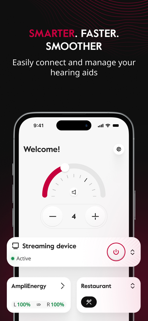 Amplifon App - Amplifon app interface for managing hearing aids with volume control and battery levels