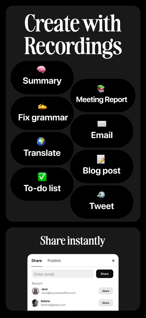 Voicenotes AI Notes & Meetings - Interfaz de la aplicación Voicenotes AI mostrando opciones para generar resúmenes, publicaciones de blog y tuits a partir de grabaciones con un menú de compartir instantáneo.