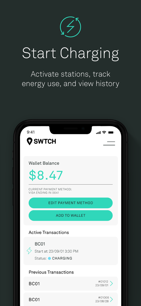 SWTCH - SWTCH app interface displaying wallet balance and active electric vehicle charging session