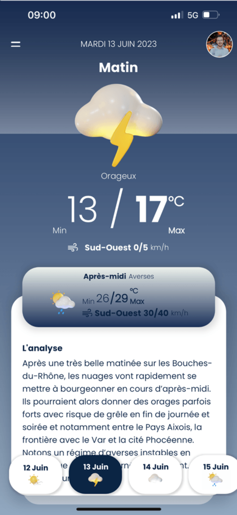Prévi+ - Interface de l'application Previ plus affichant les prévisions d'un matin orageux et une analyse météorologique détaillée par un expert