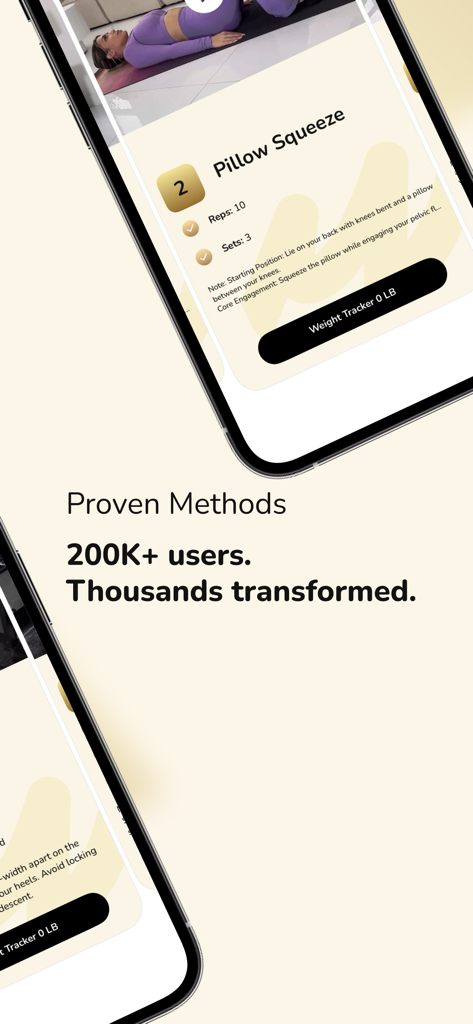 Good Fitness app showing a workout interface with pillow squeeze exercise details and user transformation statistics