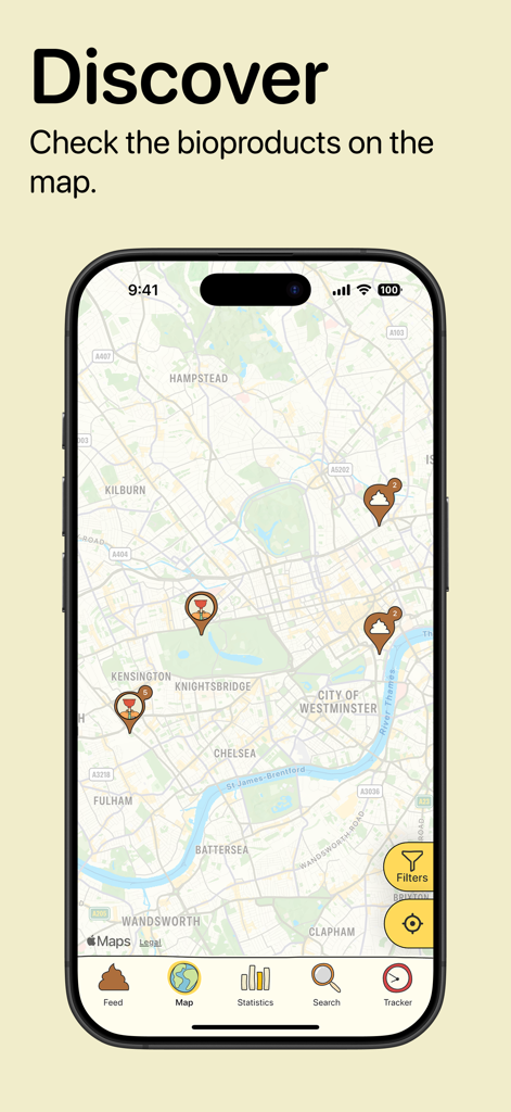 Poopie app map interface showing tracked bioproduct locations on a city map