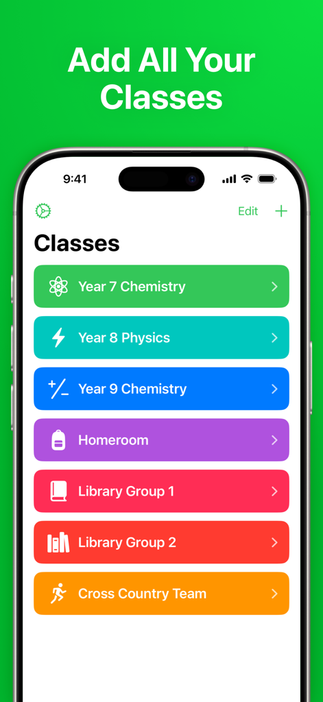 Una interfaz de aplicación móvil que muestra una lista de clases escolares organizadas por color e iconos