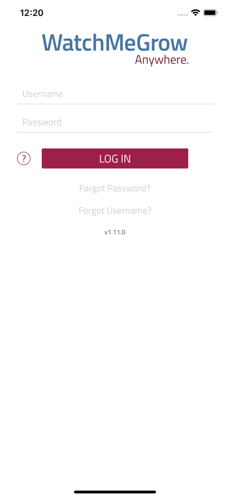 WatchMeGrow - The login page of the WatchMeGrow app showing fields for username and password with a red login button.