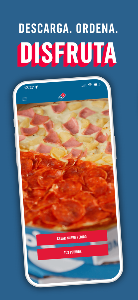 Domino's Pizza México - Domino's Pizza México mobile app interface showing a half pepperoni and half pineapple pizza with order buttons.