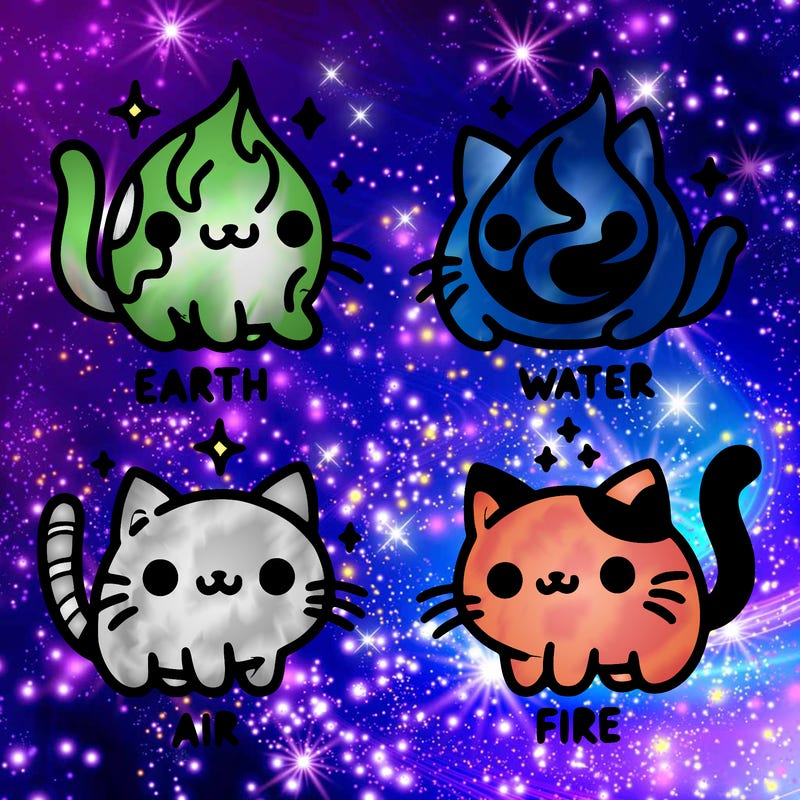 4 cats that represent the different elements, earth, water, air, and fire