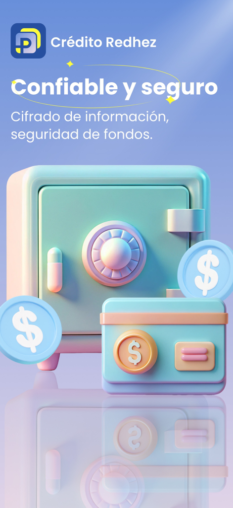 Crédito Redhez - Eine 3D-Illustration einer Sicherheit und von Münzen, die sichere Finanzdienstleistungen für Crédito Redhez hervorheben.