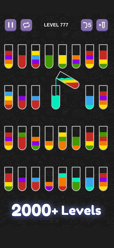 Water Sorting Color IQ Puzzle - Captura de pantalla del juego de Puzzle de Ordenar Agua Color IQ que muestra múltiples tubos de ensayo y más de 2000 niveles