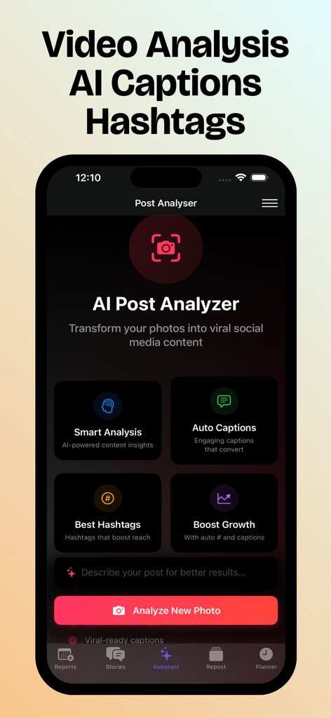 Reports+ Unfollowers Tracker - Interfaccia dell'app Reports plus per l'analisi dei post AI che mostra analisi intelligenti e strumenti di didascalia automatica per i creatori di social media