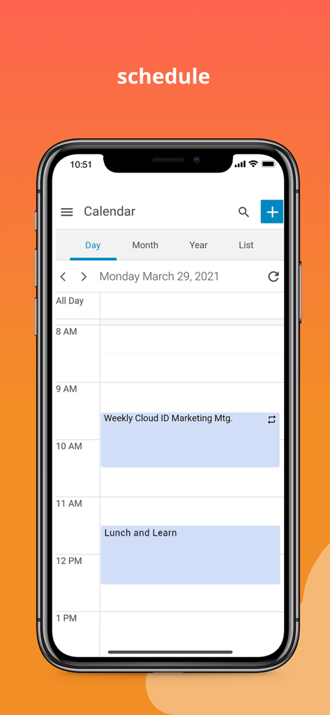 Mobile Kalenderansicht der Zimbra E-Mail und Kollaborations-App, die einen Tagesplan anzeigt.