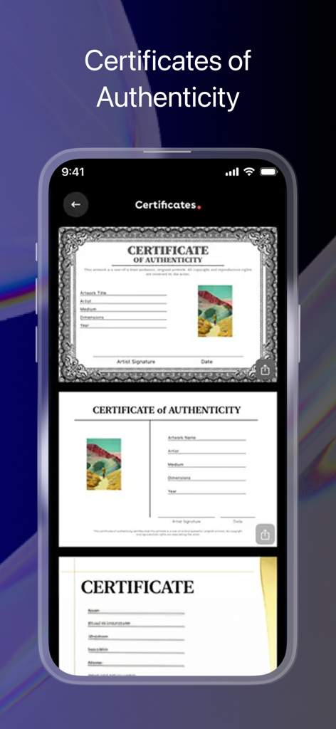 ArtStage: Preview your Artwork - A mobile app interface displaying multiple professional templates for creating certificates of authenticity for original artwork.
