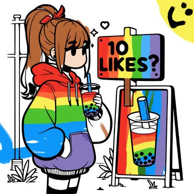 girl with oversized hoodie drinking boba and she has a high ponytail with a sign that says 10likes?