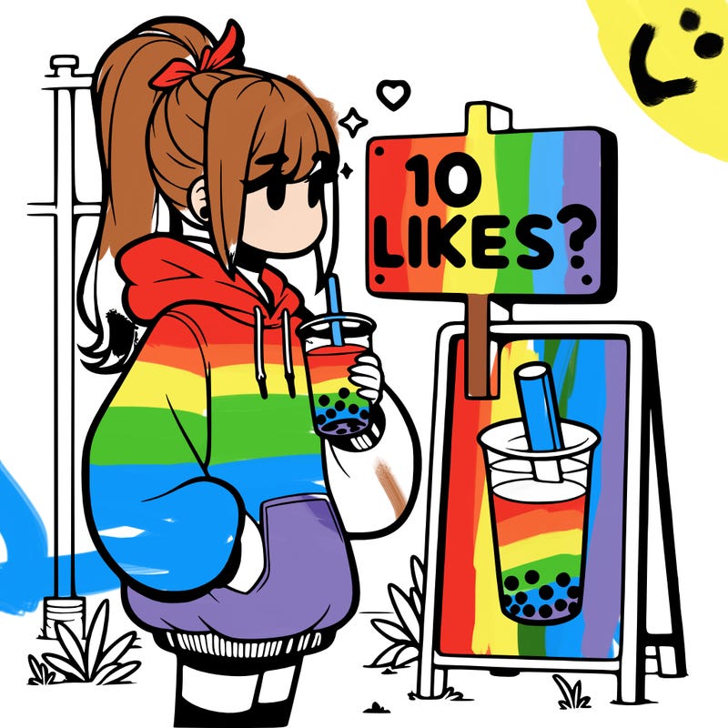 girl with oversized hoodie drinking boba and she has a high ponytail with a sign that says 10likes?