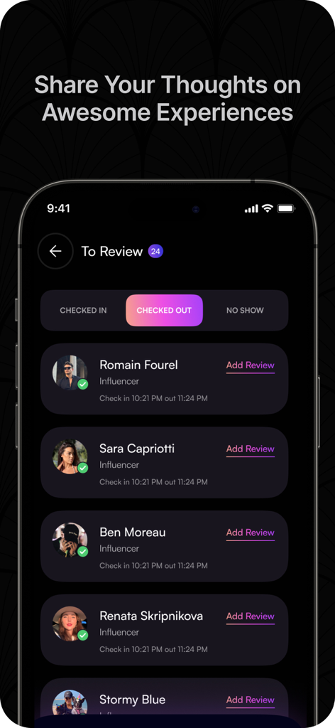 The Secret Society - Mobile app interface of The Secret Society showing a list of influencers and options to add reviews for completed experiences.