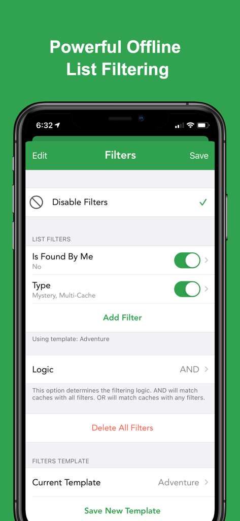 Cachly - Geocaching - Interface of Cachly app showing advanced offline list filtering options for geocaches.
