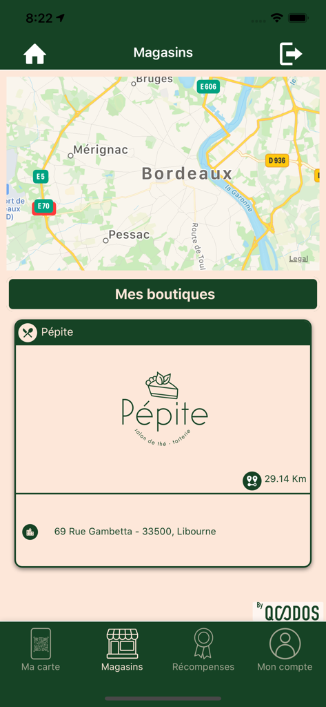Pépite Libourne - Captura de pantalla de la app móvil Pépite Libourne que muestra la ubicación de una tienda en un mapa y los detalles de la tienda de un salón de té.