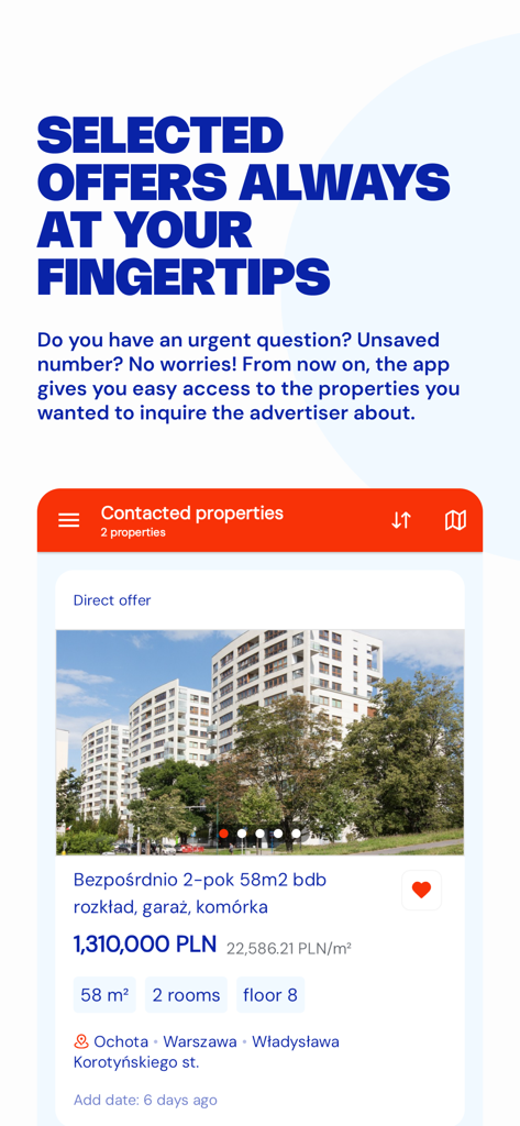 Gratka - Interface of the Gratka real estate app showing a listing for an apartment in Warsaw.