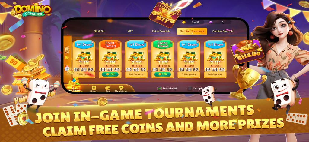 Conquer Domino - Conquer Domino app screen showing various in game tournaments with free coin rewards