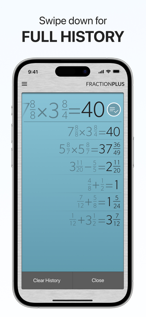 A list of recently calculated fraction equations on a smartphone screen showing the full history feature