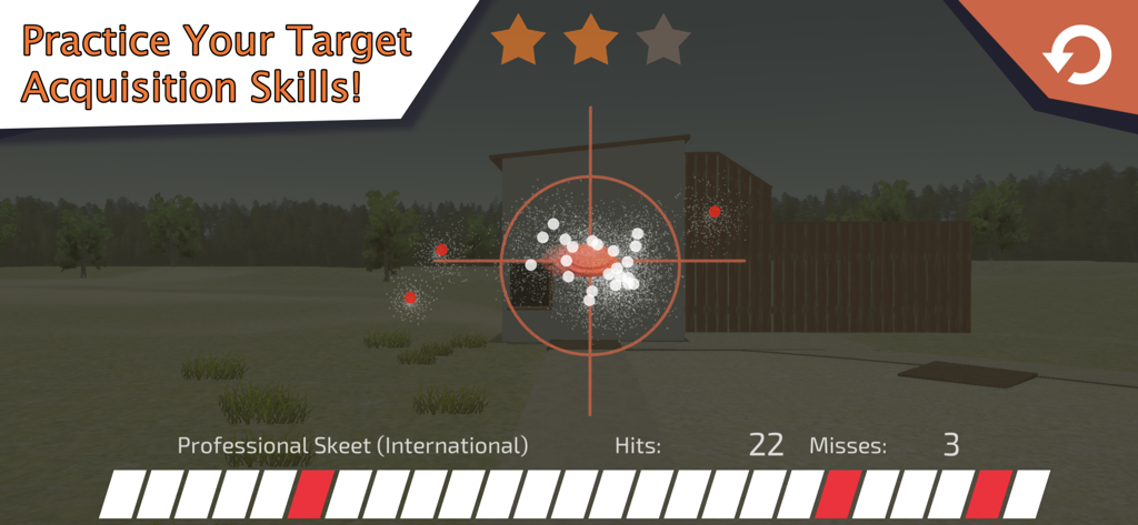 A first person view of a shotgun crosshair aiming at a clay target in the Clay Hunt PRO shooting simulation