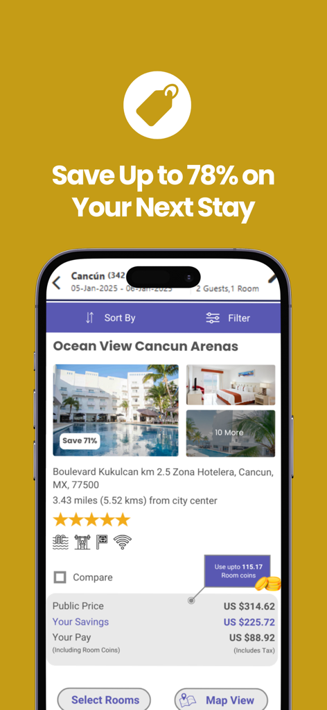 Hotel Rewards: Save on Stays - Smartphone-Bildschirm, der die Hotel Rewards App mit achtzigprozentigem Rabatt auf einen Resort-Aufenthalt in Cancun zeigt