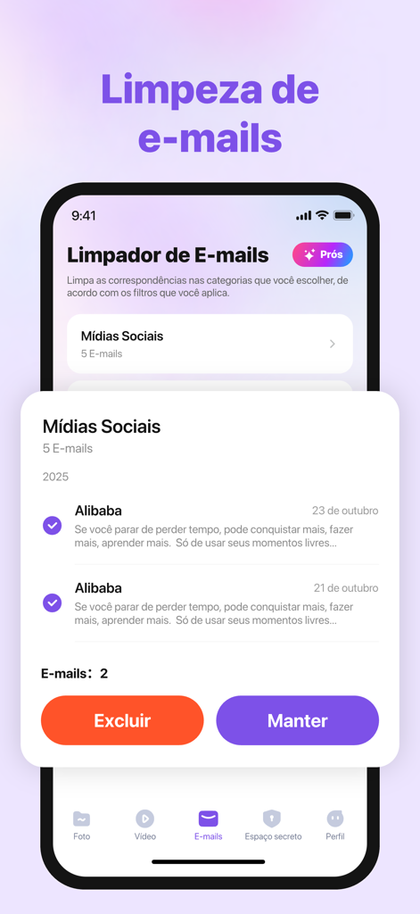 MediaClean: storage cleaner - Interface of the MediaClean app showing the email cleanup feature with options to delete or keep social media emails