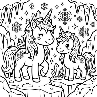 Unleash your creativity with this enchanting coloring page featuring two adorable Kawaii Ice Unicorns in a whimsical frozen cave. Perfect for sparking joy and imagination, this design offers charming details for a delightful coloring experience.