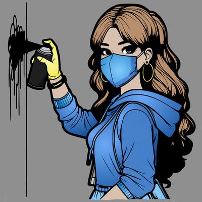 realistic girl with mask spray painting a wall