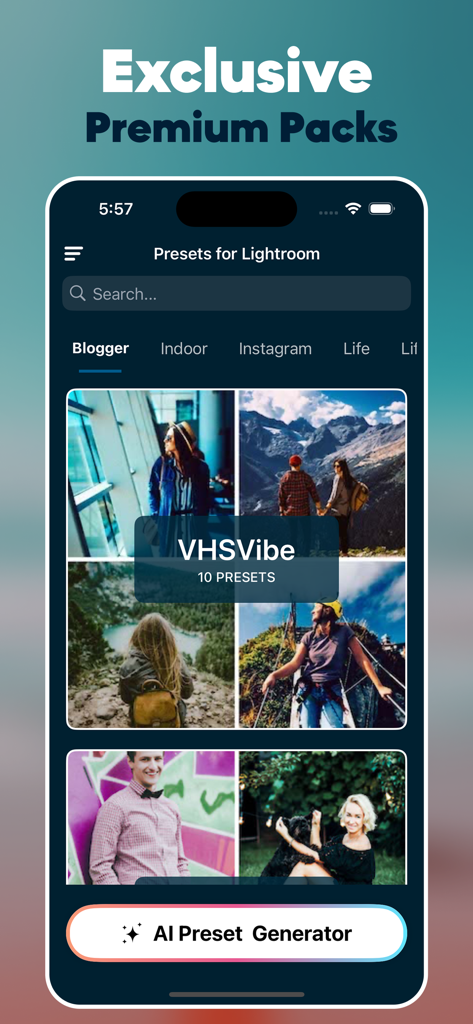 Presets for Lightroom : LRP AI - Interfaz de la aplicación LRP AI mostrando paquetes de presets premium exclusivos y un botón generador de presets de IA