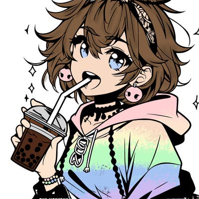 hot baddie anime girl drinking boba and biting the straw