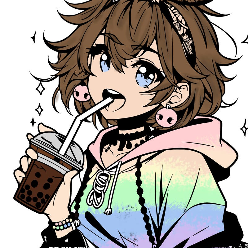 hot baddie anime girl drinking boba and biting the straw