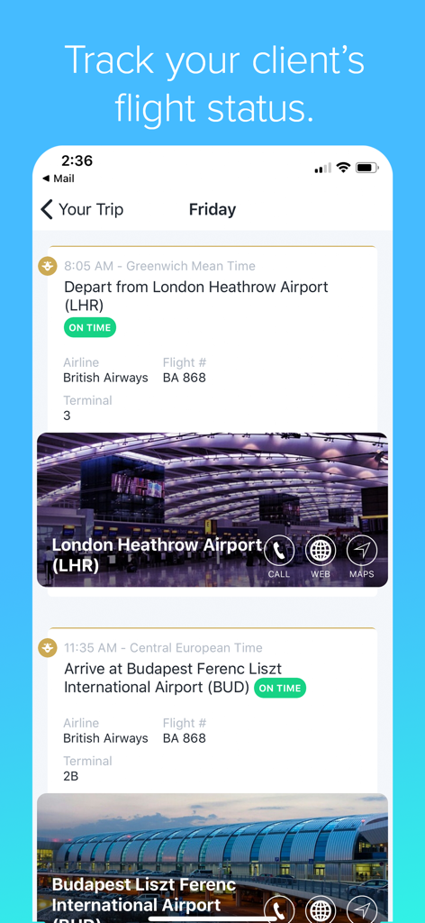 Travefy Pro app interface showing real-time client flight status and itinerary details