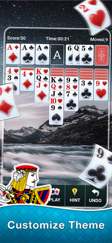 Solitaire-Brain Training - Solitaire game board with a scenic mountain background and a customize theme button