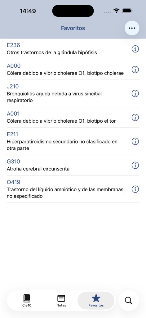 Una lista de códigos de diagnóstico médico CIE-10 guardados en español dentro de la sección Favoritos de la aplicación