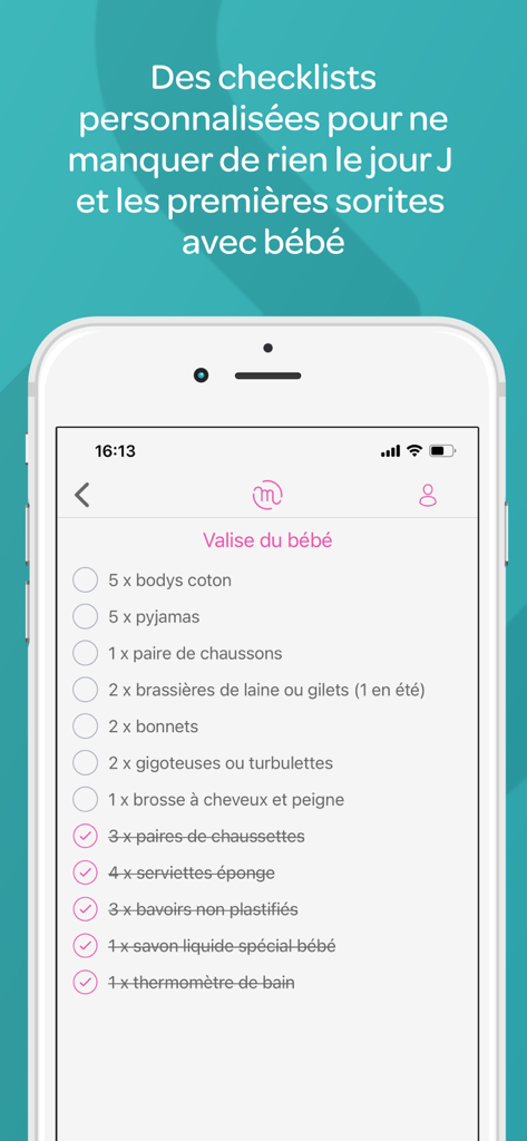 A smartphone displaying a baby hospital bag checklist in the Materniteam pregnancy app