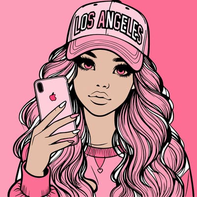 realistic beautiful girl wearing los ángeles cap holding an iphone