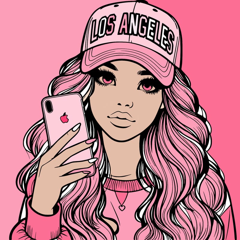 realistic beautiful girl wearing los ángeles cap holding an iphone