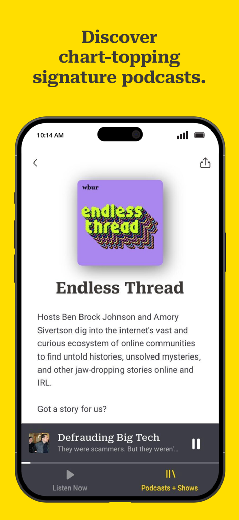 WBUR app interface showing the Endless Thread podcast series page and an audio player.
