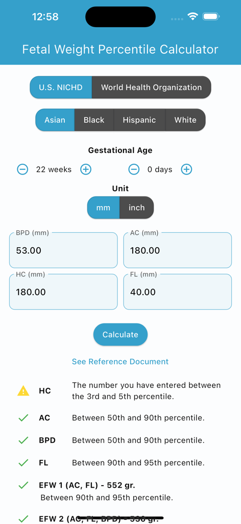 Oberfläche der Fötalgewicht-Rechner-App, die Ultraschallmessungen und Ergebnisse von Wachstumperzentilen anzeigt.