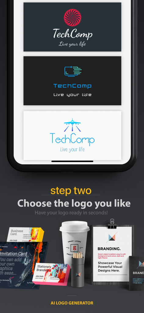 AI Logo Generator-Design Maker - AIロゴジェネレーターのインターフェースに、テクノロジースタートアップ向けの複数のロゴデザインとブランディングモックアップが表示されています