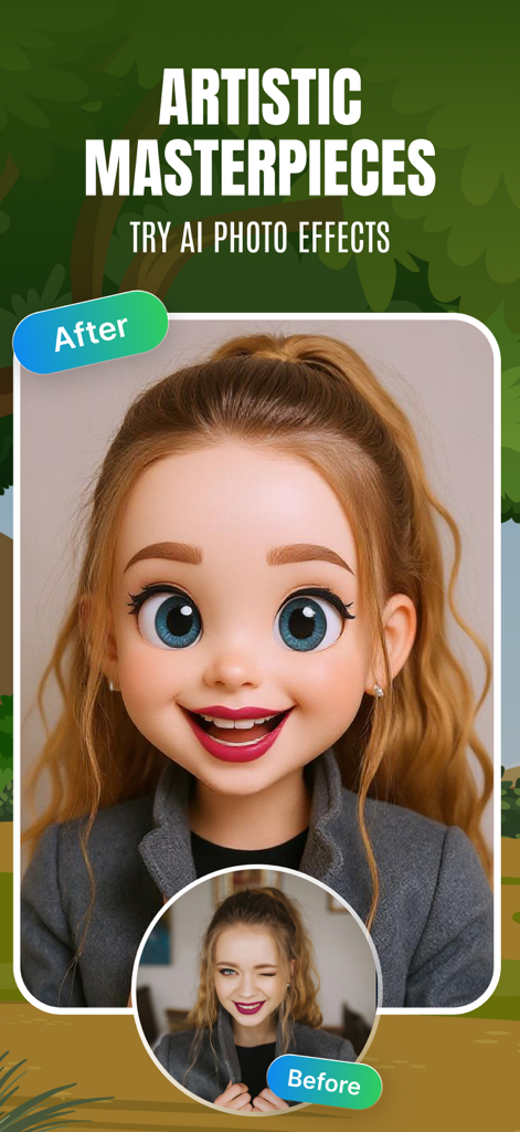 Flux AI Image Generator: Pixy - Before and after comparison of an AI cartoon portrait transformation