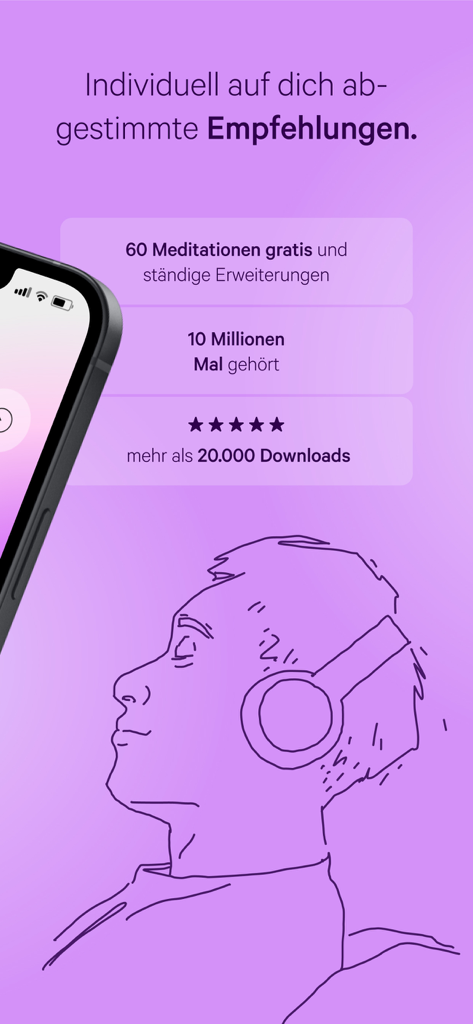 Captura de tela do aplicativo homodea Meditation destacando recomendações personalizadas e estatísticas de usuário como sessenta meditações gratuitas e dez milhões de reproduções