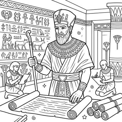 Step into the administrative heart of ancient Egypt with this captivating Vizier coloring page. Featuring a chief minister and scribes amidst hieroglyphic walls, it offers a rich historical coloring experience for all ages.