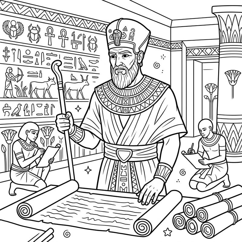 Step into the administrative heart of ancient Egypt with this captivating Vizier coloring page. Featuring a chief minister and scribes amidst hieroglyphic walls, it offers a rich historical coloring experience for all ages.