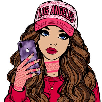 realistic beautiful girl wearing los ángeles cap holding an iphone