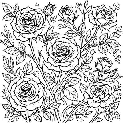 Immerse yourself in the rustic charm of a cottagecore garden with this exquisite rose coloring page, designed especially for adults seeking tranquility. Discover the intricate details of blooming roses, delicate buds, and lush foliage, ready for your creative touch.