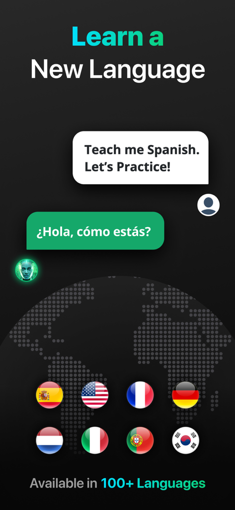 Lisa Chat AI interface showing a language learning feature with a Spanish conversation example and multiple country flags.